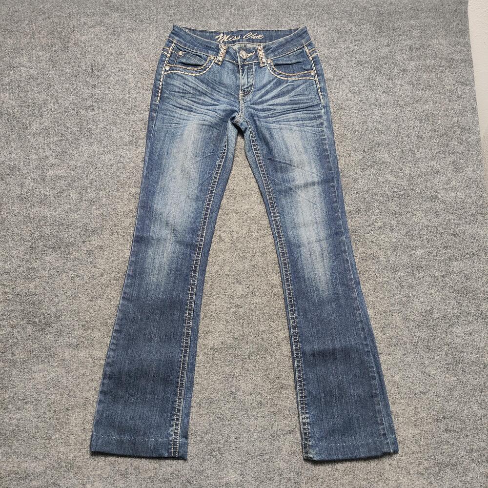Miss Chic Jeans Juniors 3 Medium Wash Blue Low Rise Bootcut Rhinestone Denim